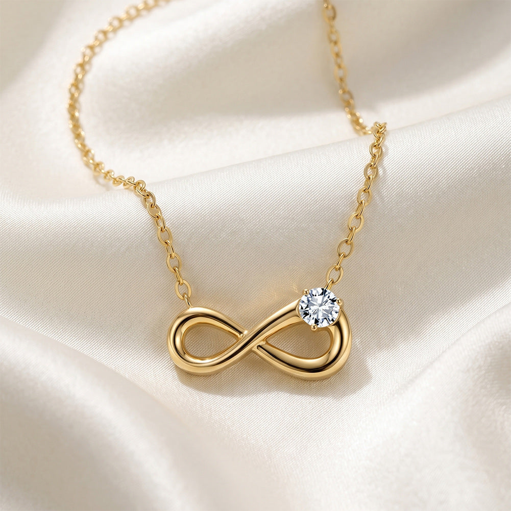 316 Stainless Steel Smooth Polished Infinity Pendant Necklace, Single Round Brilliant CZ Stone Setting, Minimalist Sleek Cable Chain
