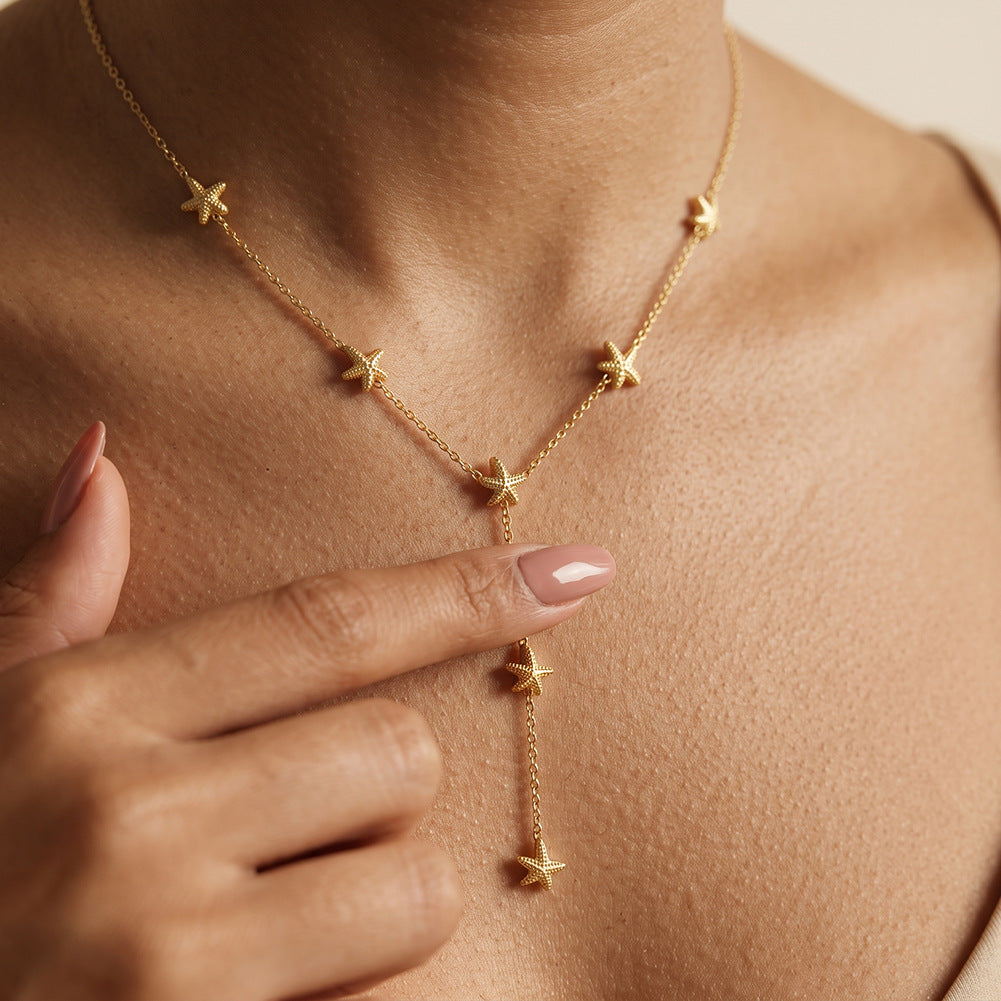 Stainless Steel Starfish Y Drop Necklace, Multi Paved CZ Starfish Charms on Dainty Cable Chain, Beach Inspired Layered Y Pendant Necklace