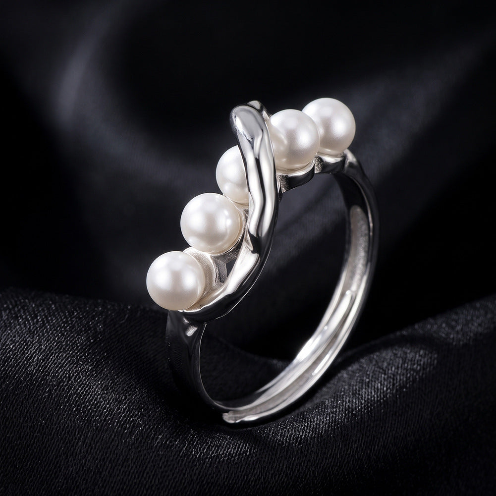S925 Sterling Silver Intertwined Open Ring, Five Smooth Round Pearls with Rich Creamy Luster on Twisted Polished Silver Band