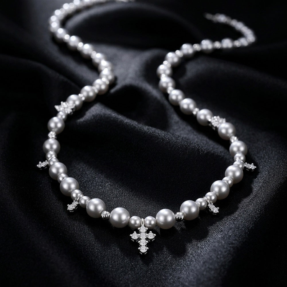 S925 Sterling Silver Graduated Grey Pearl Necklace, Round Glossy Grey Pearls with Soft Lustre Decorated with Sparkling Zircon Cross Charms