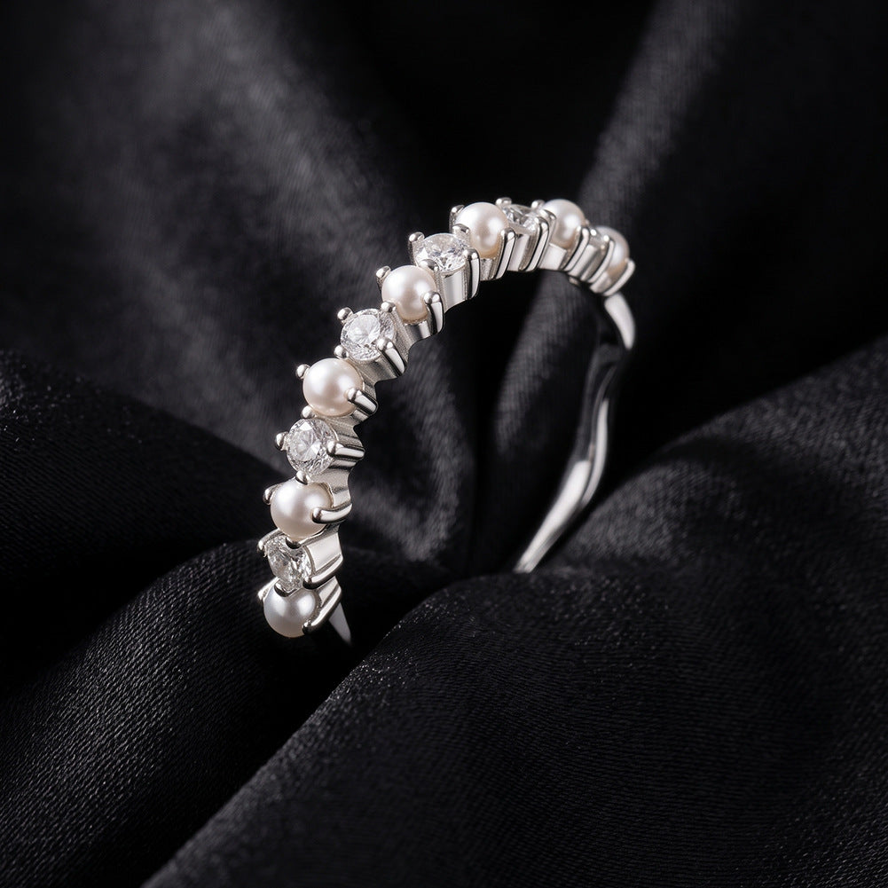 S925 Sterling Silver Wave Band Ring, Lustrous Round Freshwater Pearls with Soft Natural Sheen Alternating with Sparkling Cubic Zirconia