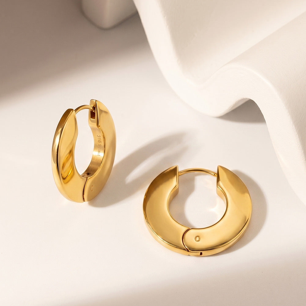 316 Stainless Steel Wide Flat Chunky Huggie Hoop Earrings, Thick Curved Band, Highly Polished Mirror Surface, Hinged Snap Lock, Bold Minimalist C-shaped Hoop Earrings