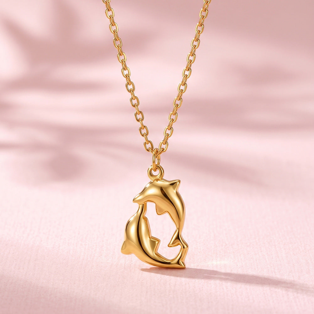Stainless Steel Double Dolphin Pendant Necklace, Polished Intertwined Twin Dolphin Charm, Minimalist Ocean Animal Necklace