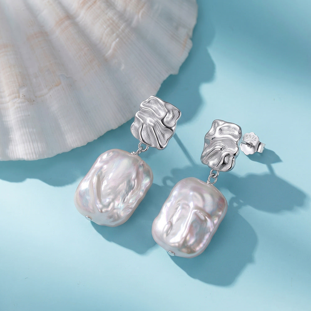 S925 Sterling Silver Textured Square Baroque Pearl Earrings, Large Rectangular Baroque Pearl with Vibrant Rainbow Luster