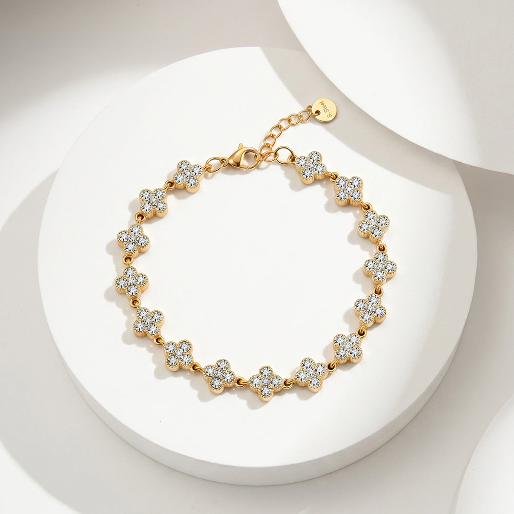 Stainless Steel Pave CZ Four Leaf Clover Bracelet, Full Paved Clear Zirconia Clover Station Bracelet