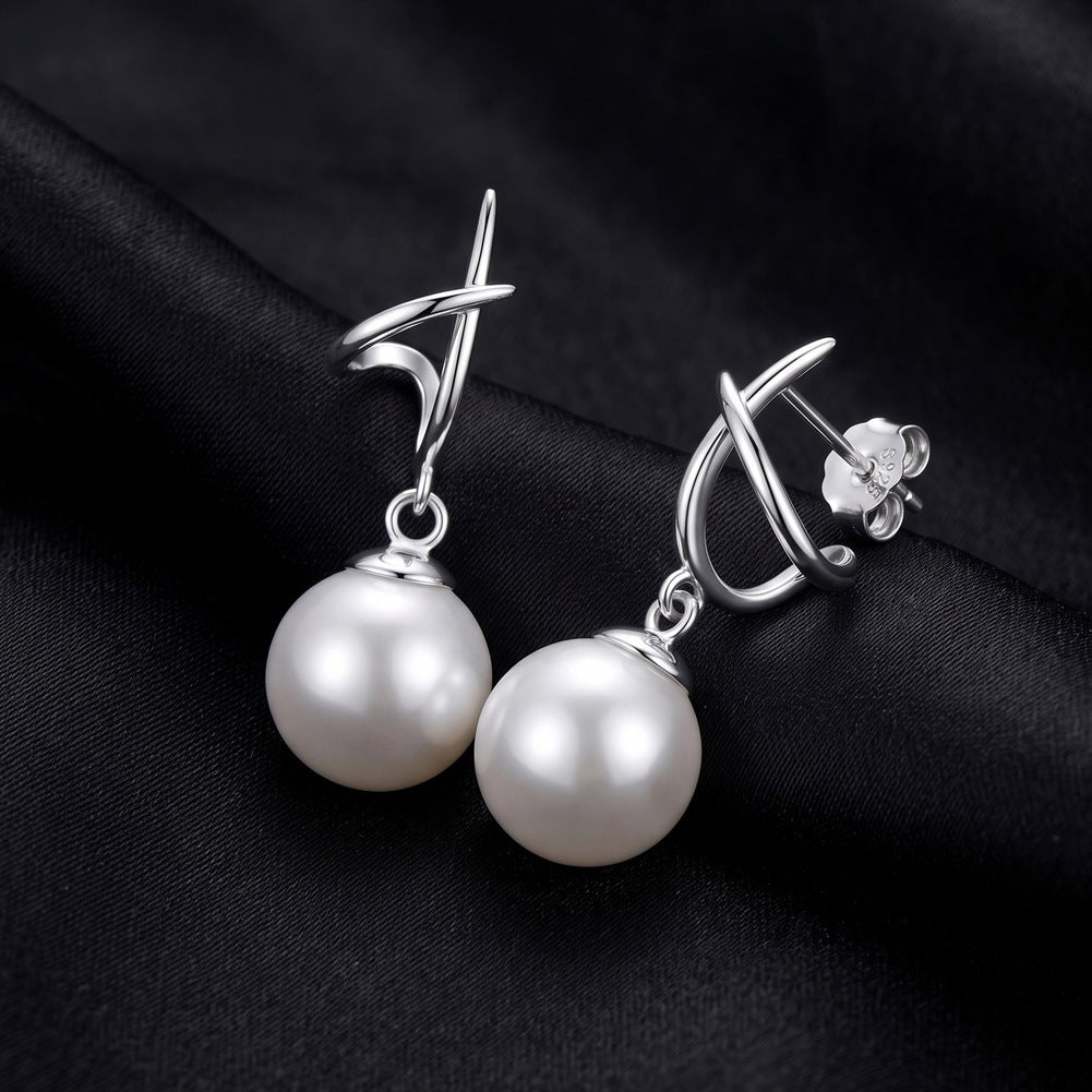 S925 Sterling Silver Twisted Cross Hook Pearl Drop Earrings, Smooth Round Pearl with Soft Creamy Luster