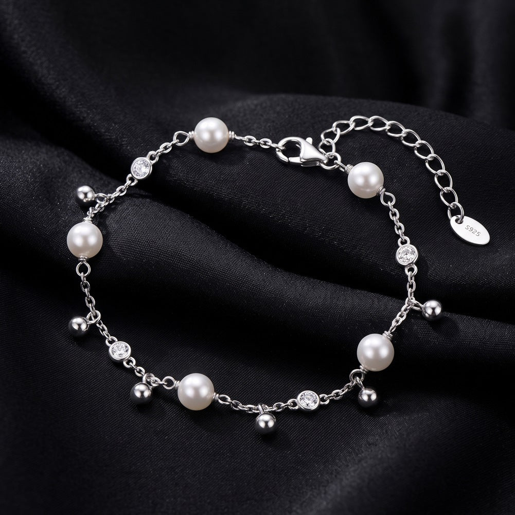 S925 Sterling Silver Dainty Pearl Bracelet, Creamy Round Pearls with Gentle Iridescent Luster, Tiny Zircon and Silver Ball Charms