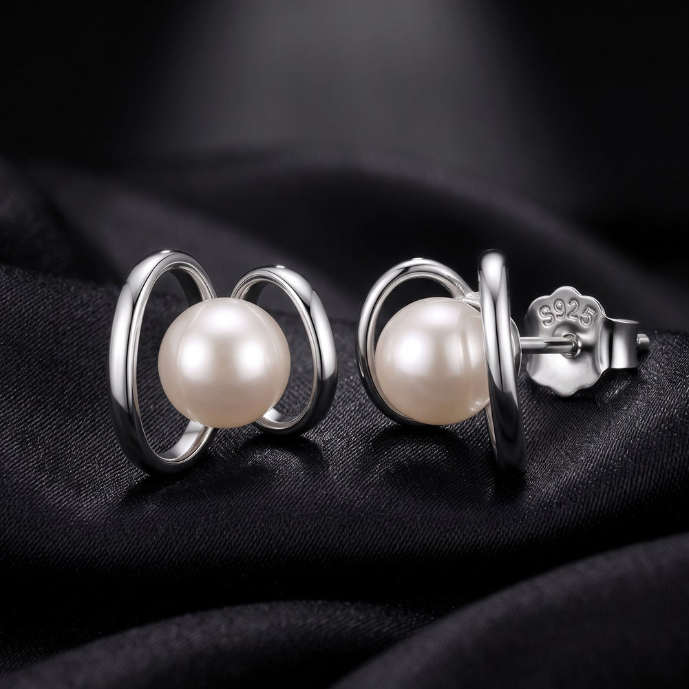 S925 Sterling Silver Double Ring Pearl Stud Earrings, Single Round Pearl with Glossy Even Luster Wrapped by Interlocking Polished Silver Rings