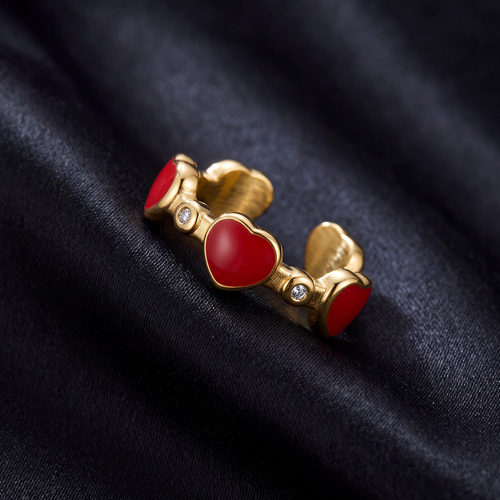Stainless Steel Gold Plated Open Adjustable Ring with Red Enamel Hearts and Tiny CZ Stones