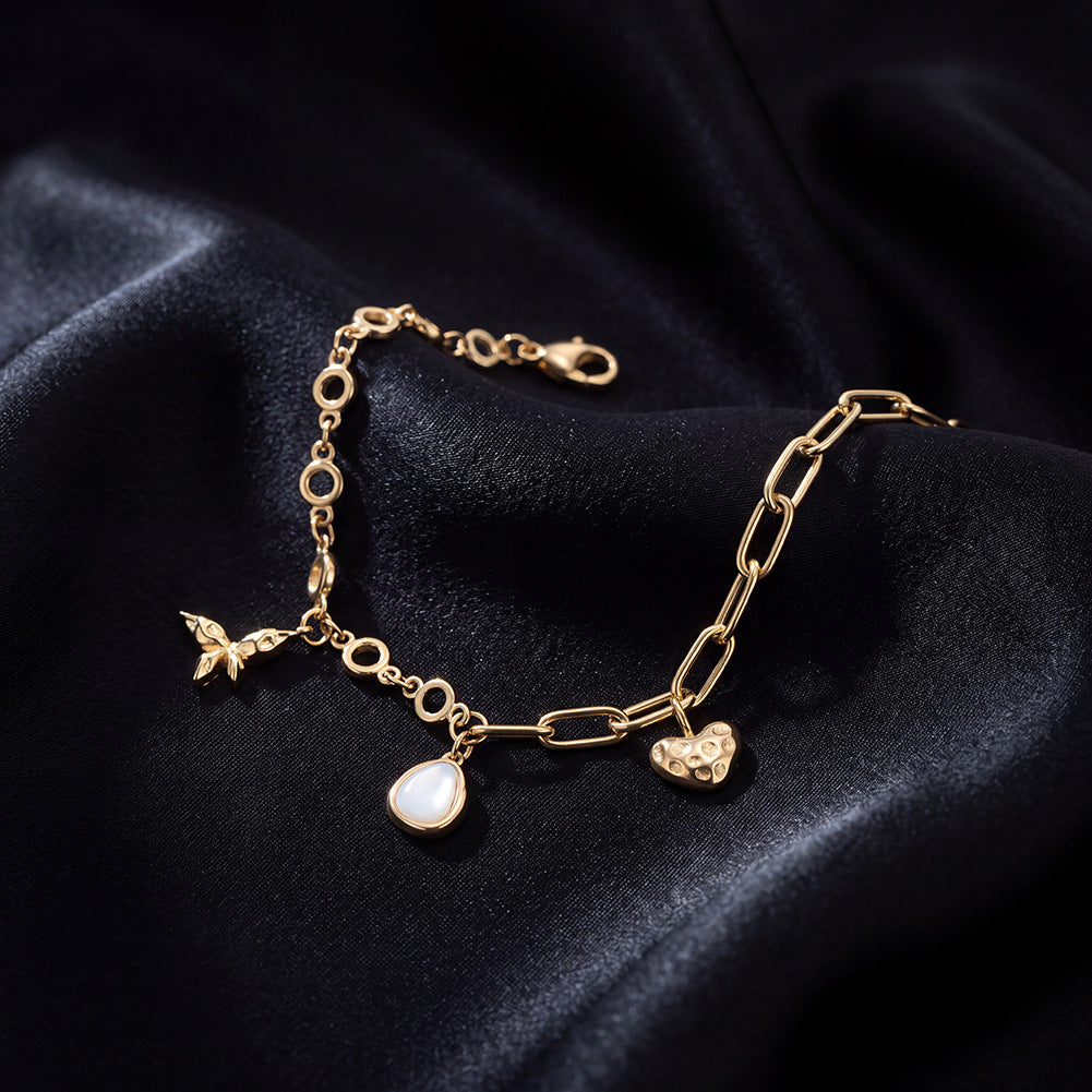 14K Gold Plated Stainless Steel Mixed Link Bracelet with Baroque Pearl, Butterfly and Hammered Heart Charms