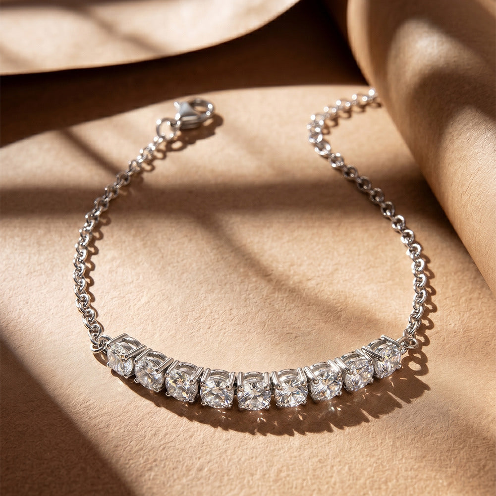 316 Stainless Steel Dainty Thin Cable Chain Bracelet, Horizontal Row of Nine Square Bezel Set CZ Crystals, Sparkling Stackable Design with Adjustable Extender and Engraved 316 Tag