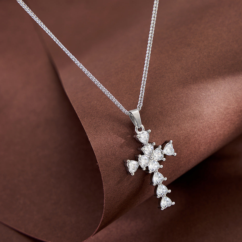 Stainless Steel Heart Cut CZ Cross Pendant Necklace, Sparkling Heart Cubic Zirconia Cross Charm on Thick Wheat Chain