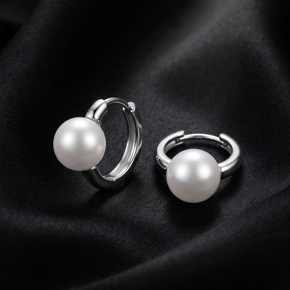 S925 Sterling Silver Single Pearl Huggie Hoop Earrings, Plump Round Pearl with Even Natural Lustre