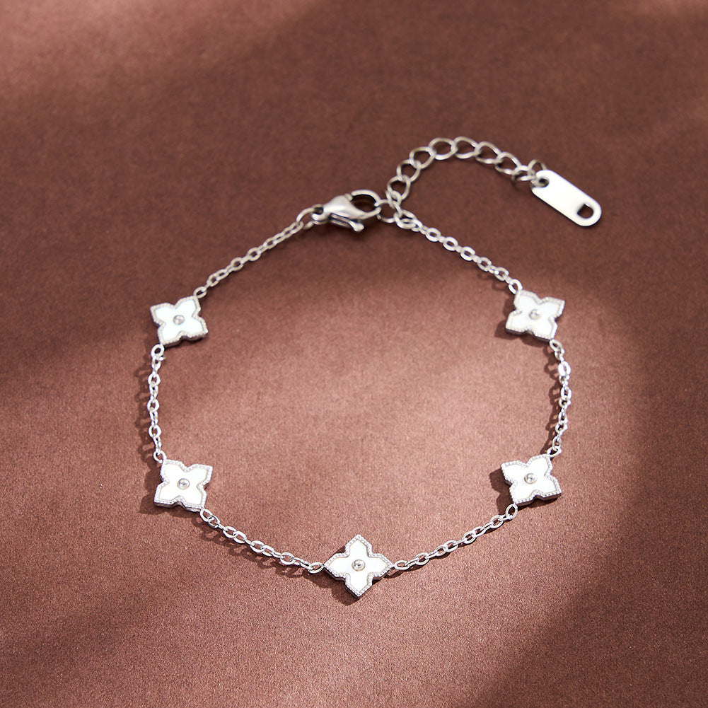 Stainless Steel Four Leaf Clover Bracelet, Iridescent Mother of Pearl Inlay Clover Station Dainty Chain Bracelet