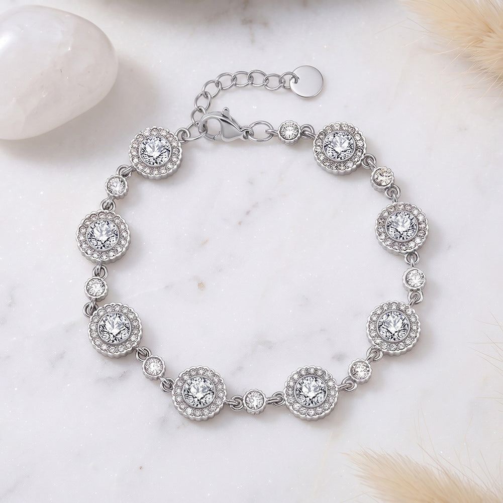 Stainless Steel Clear CZ Halo Station Bracelet, Large Round Halo Zirconia with Small Accent Stone Bracelet