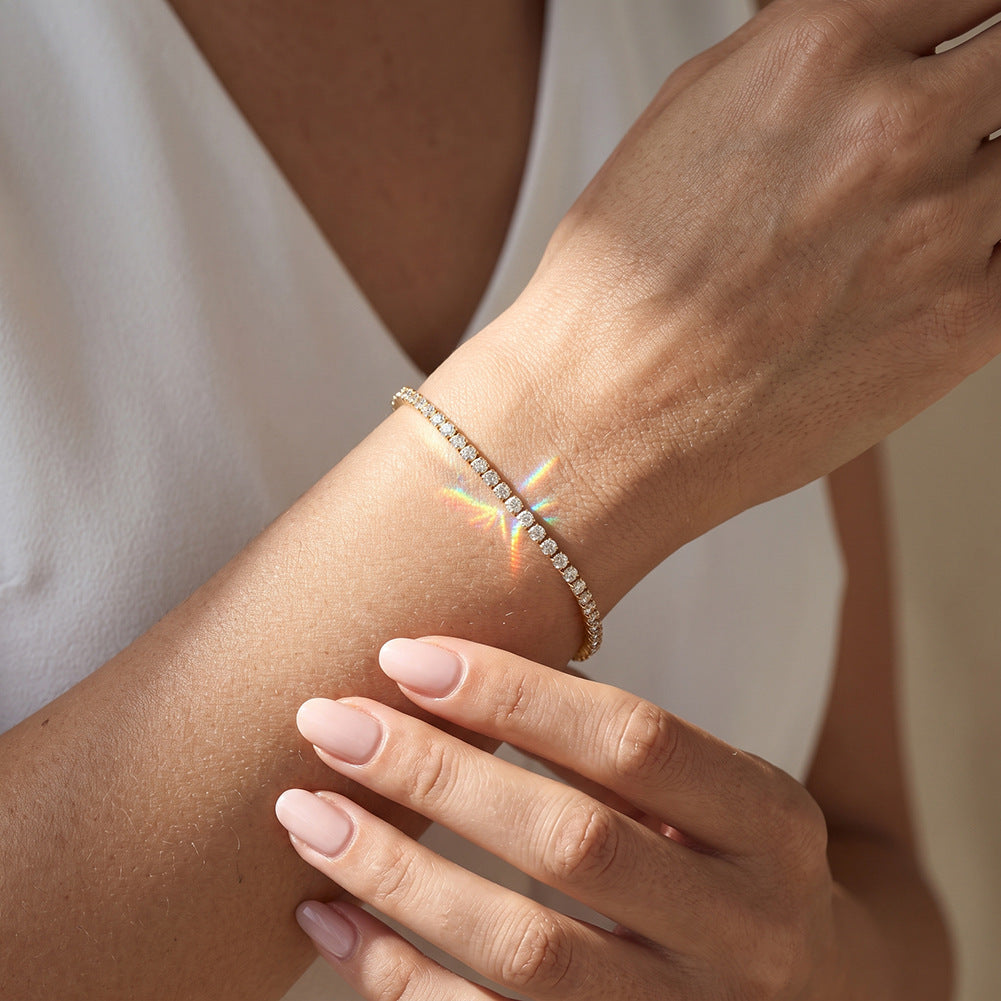 Stainless Steel Dainty Round CZ Tennis Bracelet, Thin Sparkling Clear Cubic Zirconia Stackable Bracelet