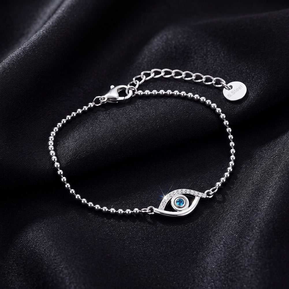 Stainless Steel Beaded Ball Chain Evil Eye Bracelet, Sparkling Blue CZ Eye Charm Delicate Bracelet