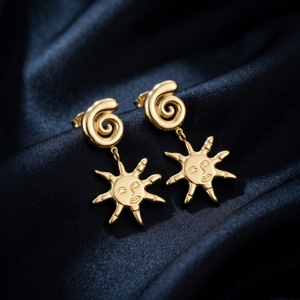 Stainless Steel Gold Plated Spiral Sun Face Dangle Drop Earrings