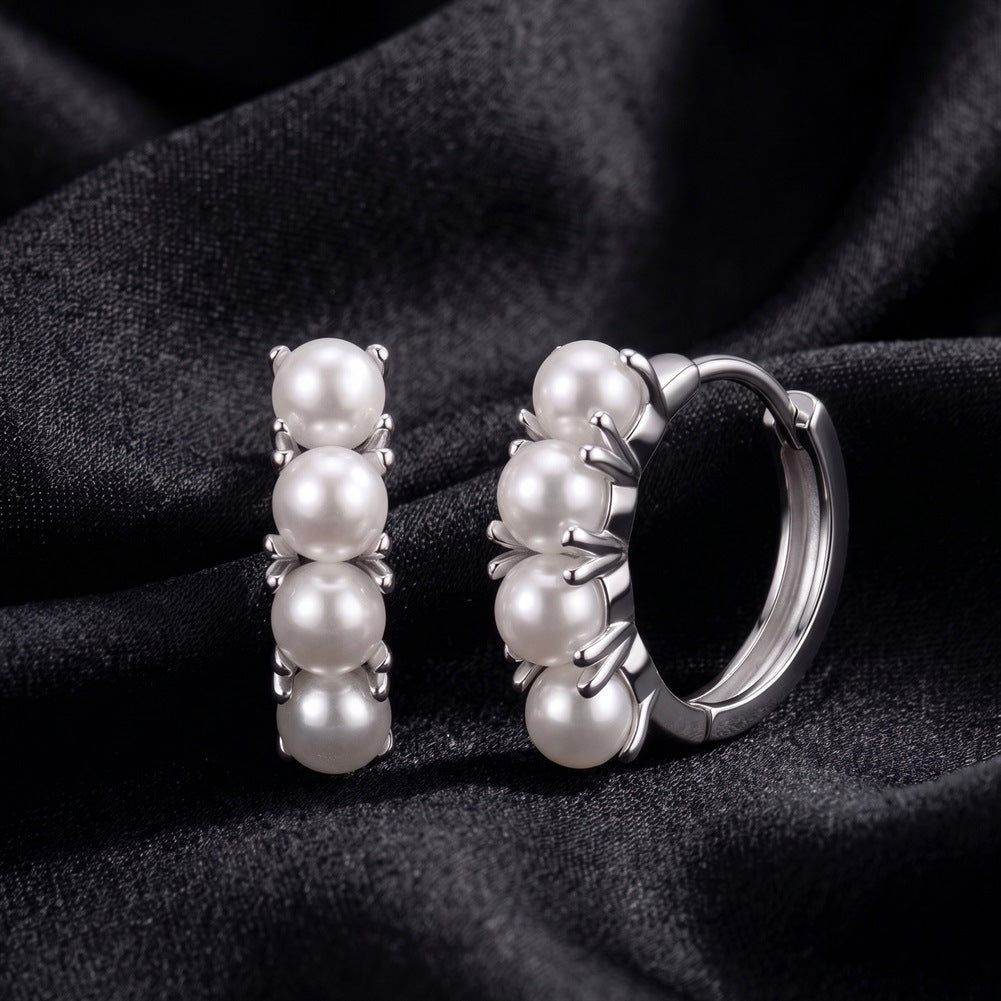 S925 Sterling Silver Grey Pearl Huggie Hoop Earrings, Four Graduated Round Pearls with Muted Smoky Luster