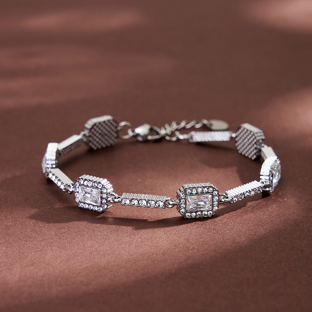 Stainless Steel Emerald Cut CZ Halo Station Bracelet, Rectangular Baguette Halo Zirconia Chain Bracelet