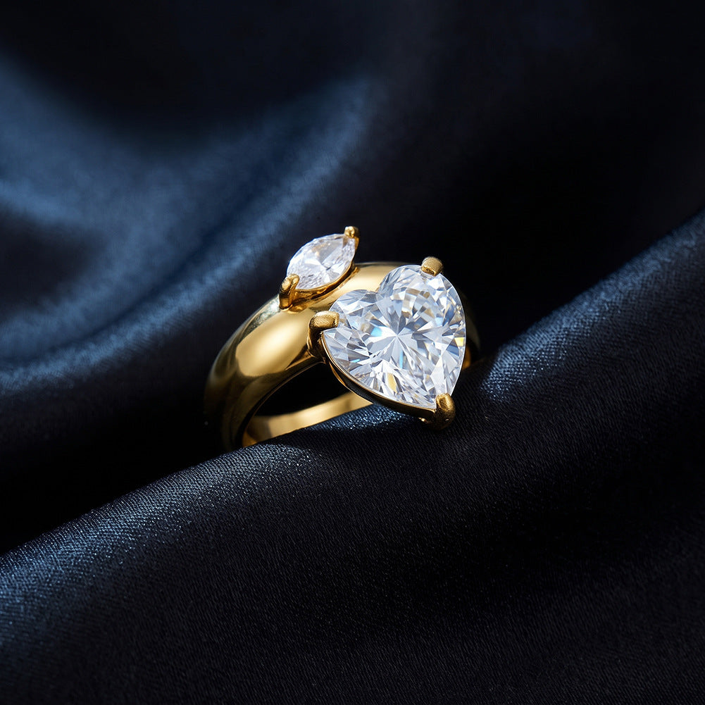 Stainless Steel Gold Plated Chunky Band Ring with Large Heart CZ and Marquise CZ