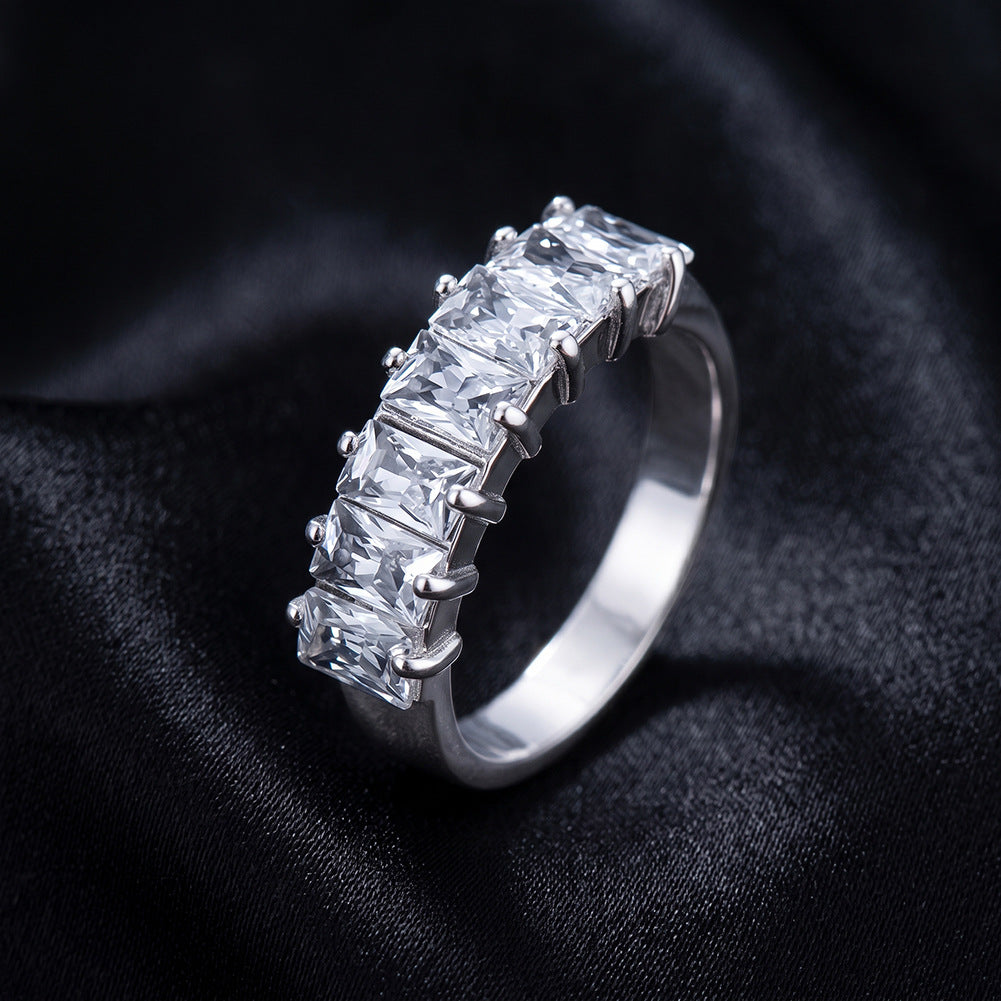 Stainless Steel Rectangle Emerald Cut CZ Five Stone Eternity Band Ring