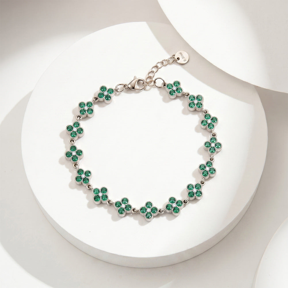 Stainless Steel Green CZ Four Leaf Clover Station Bracelet, Emerald Tone Clover Charm Adjustable Bracelet