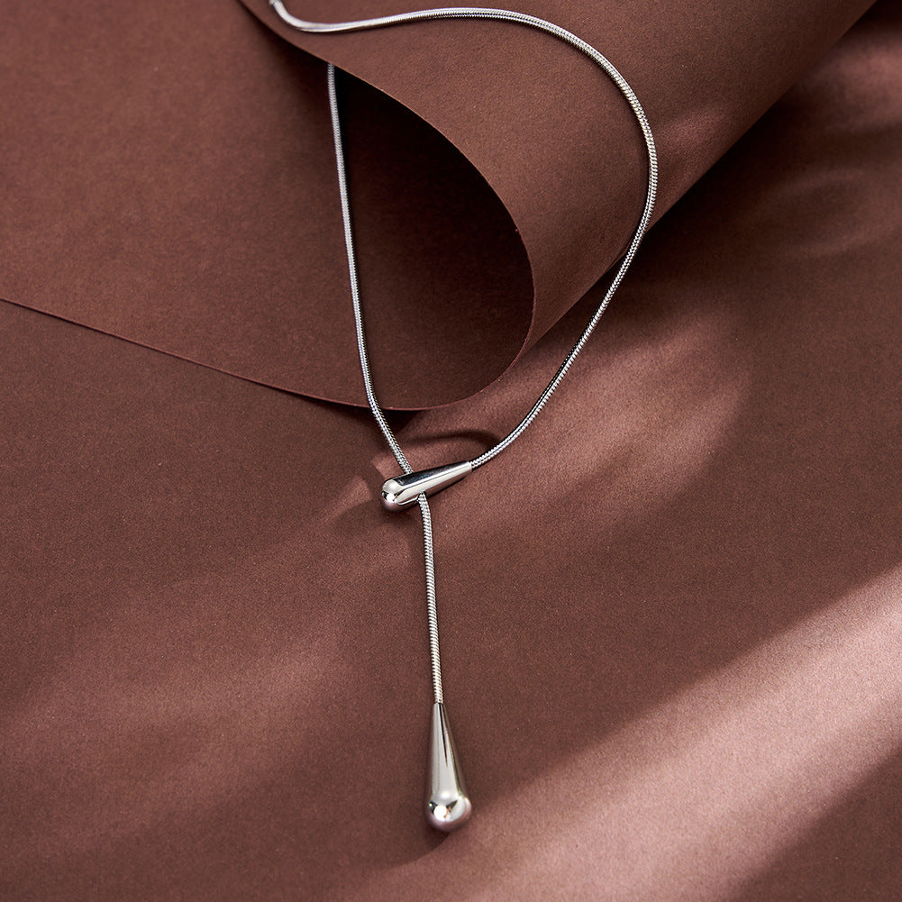 Stainless Steel Sliding Teardrop Lariat Necklace, Adjustable Y-Style Lariat with Two Glossy Teardrop Charms on Slim Snake Chain