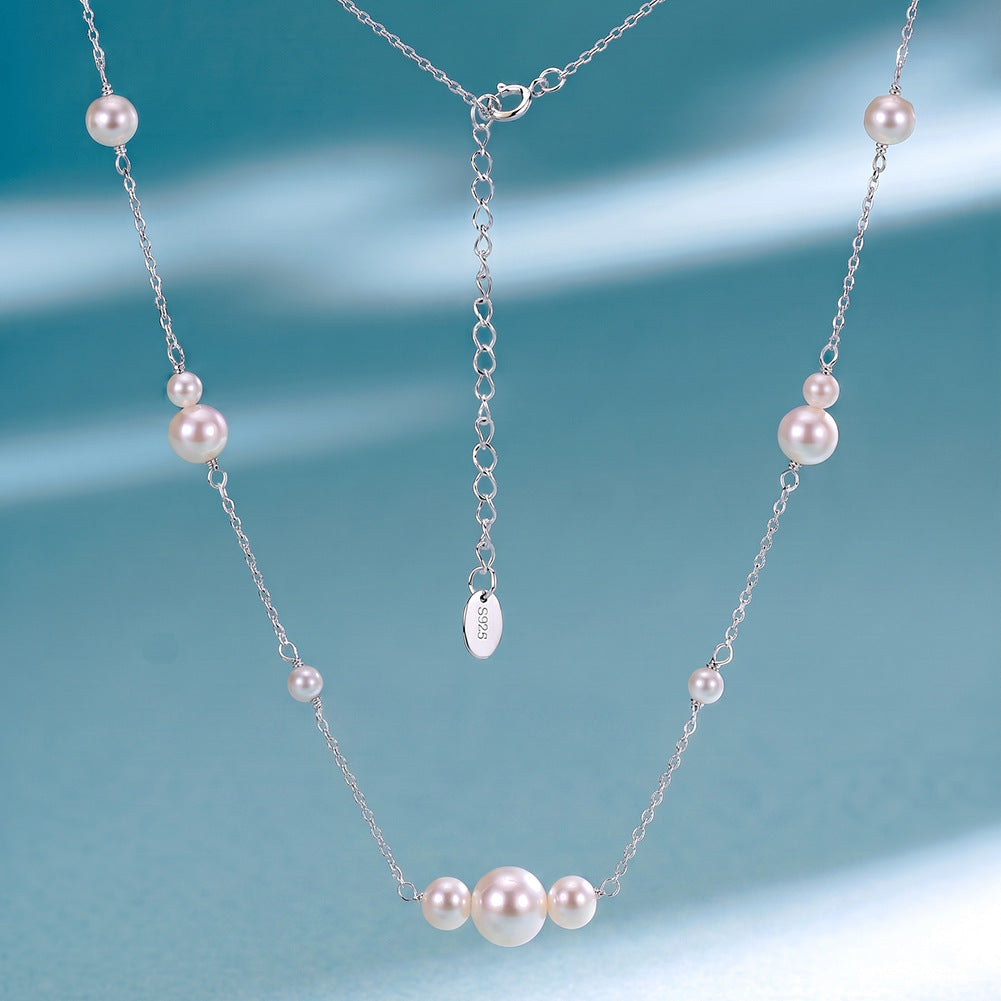 S925 Sterling Silver Dainty Station Freshwater Pearl Necklace, Multi-Size Creamy White Pearls with Gentle Natural Iridescent Luster