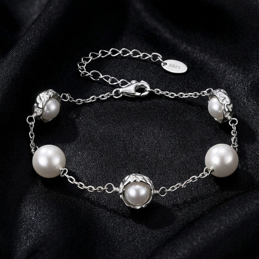 S925 Sterling Silver Station Pearl Bracelet, Large Glossy Round Pearls with Rich Luster Set in Textured Silver Bezel Frames
