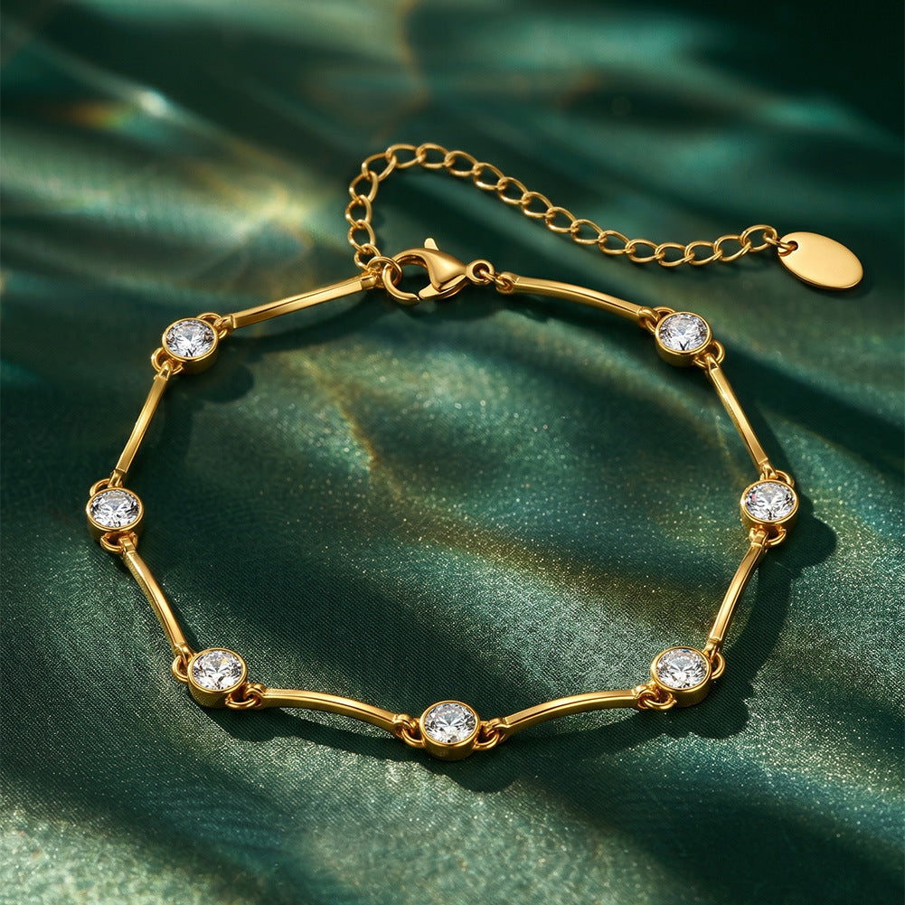 316 Stainless Steel Polished Curved Bar Bracelet with Bezel Set Round CZ Stones, 7 Sparkling Solitaire Cubic Zirconia, Adjustable Extension Chain and Lobster Clasp for Women