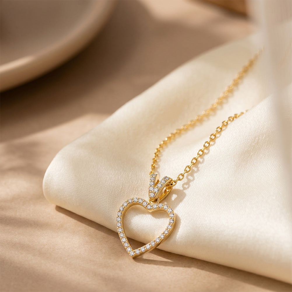 316 Stainless Steel Open Hollow Heart Necklace, Full Paved Sparkling Cubic Zirconia Outline, Dainty V-shaped CZ Paved Bail, Thin Cable Chain