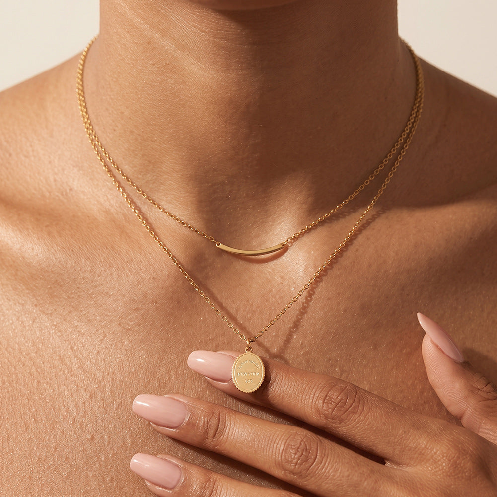 Stainless Steel Double Layer Curved Bar Oval Tag Necklace, Stackable Two-Row Chain with Smooth Curved Bar and Engraved Oval Rope Edge Pendant