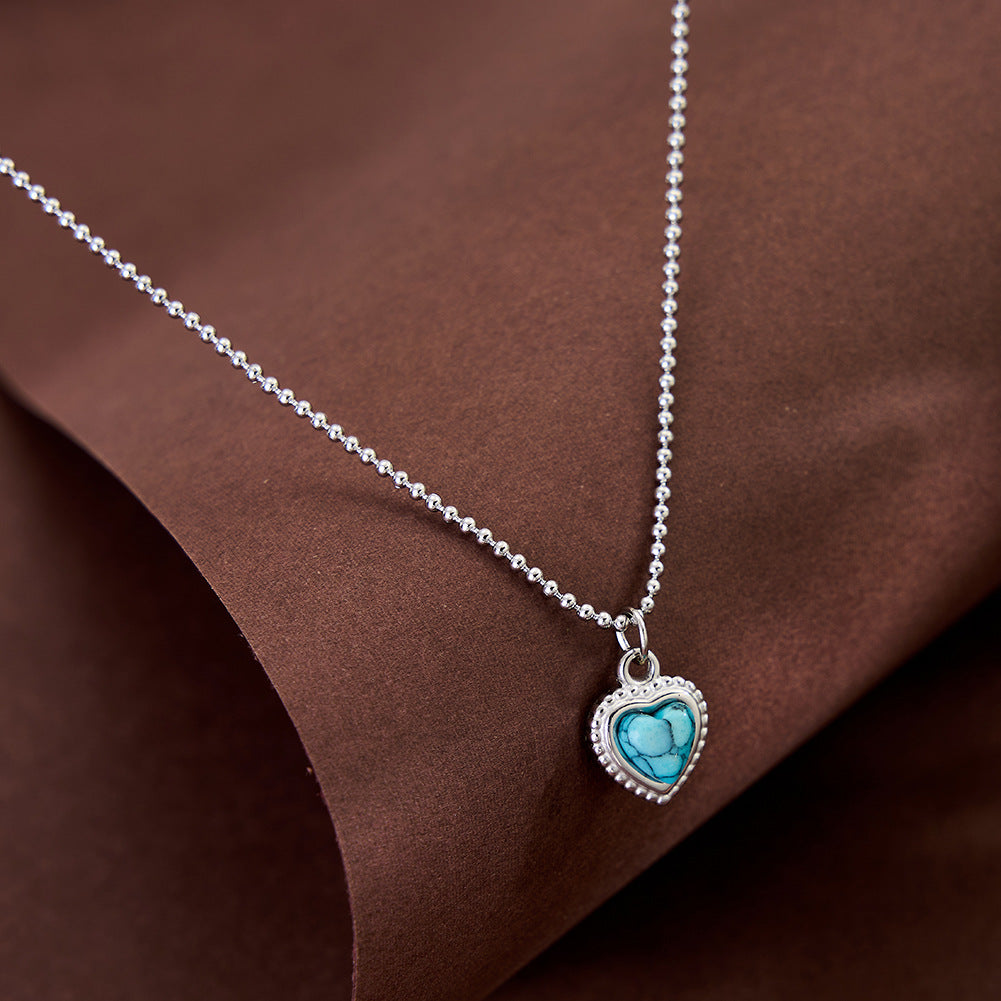 Stainless Steel Heart Turquoise Beaded Ball Chain Necklace, Heart Shaped Turquoise Stone with Natural Cracked Texture and Beaded Silver Border