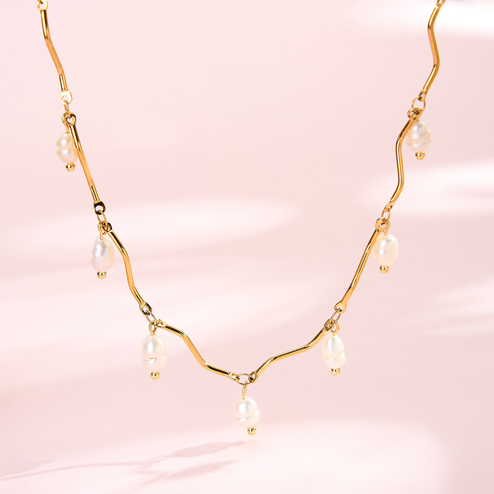 S925 Sterling Silver Wavy Chain Choker Necklace, Dainty Cascading Baroque Freshwater Pearl Drop Charms with Natural Iridescent Luster