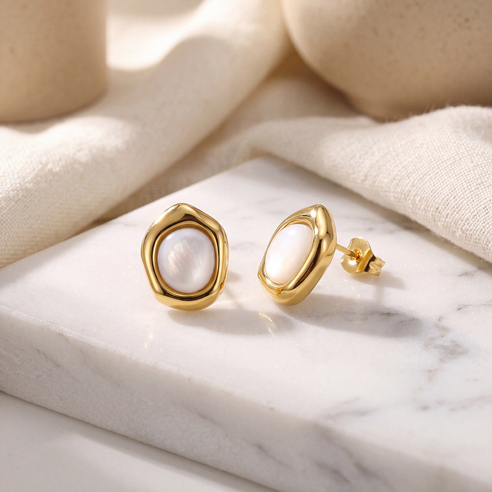 Stainless Steel Irregular Bezel White Shell Pearl Stud Earrings