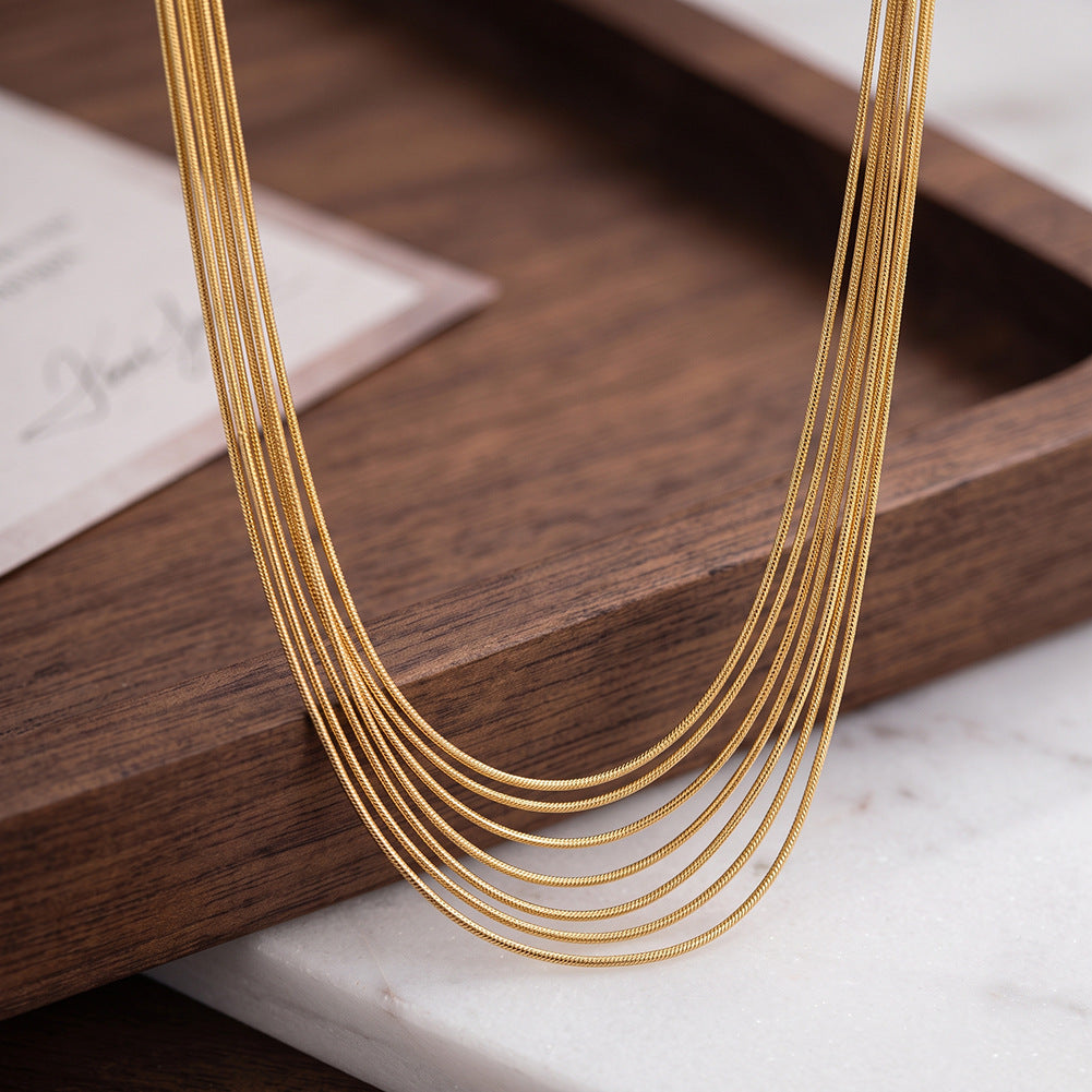 Stainless Steel Multi Layer Snake Chain Necklace, Six Strands Dainty Flat Snake Chain Minimalist Layering Necklace
