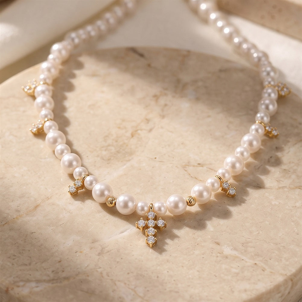 S925 Sterling Silver Graduated Grey Pearl Necklace, Round Glossy Grey Pearls with Soft Lustre Decorated with Sparkling Zircon Cross Charms