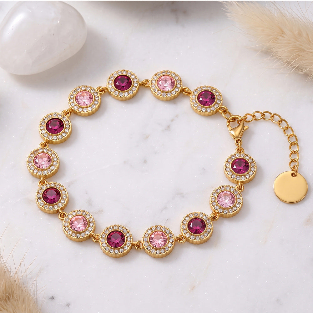 Stainless Steel Pink and Magenta Two-Tone Round CZ Halo Bracelet, Sunflower Halo Cubic Zirconia Bracelet