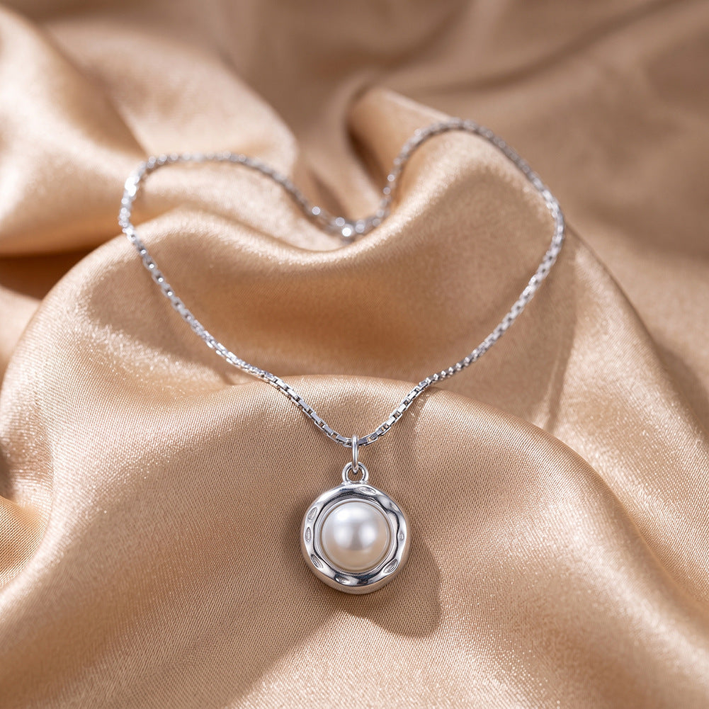 Stainless Steel Round Pearl Pendant Necklace, Smooth Lustrous Round Pearl with Soft Creamy Orient Set in Irregular Hammered Silver Frame