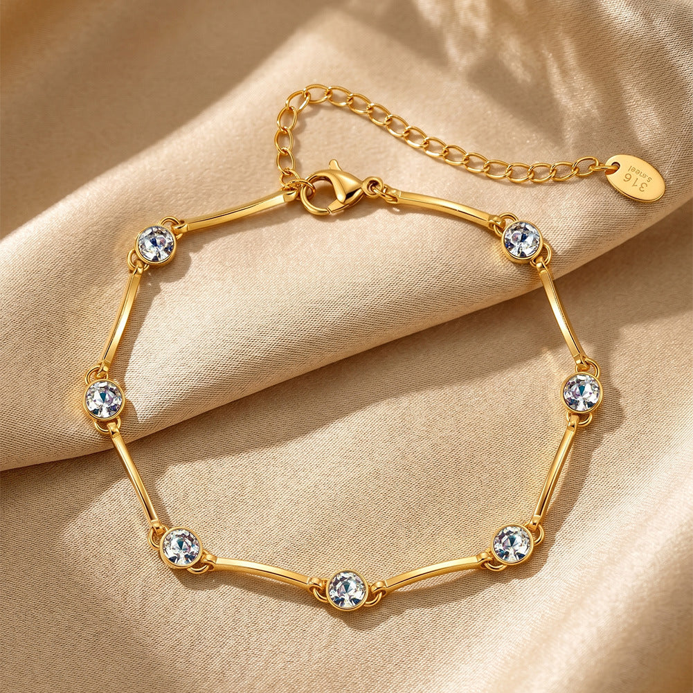 316 Stainless Steel Polished Curved Bar Bracelet with Bezel Set Round CZ Stones, 7 Sparkling Solitaire Cubic Zirconia, Adjustable Extension Chain and Lobster Clasp for Women