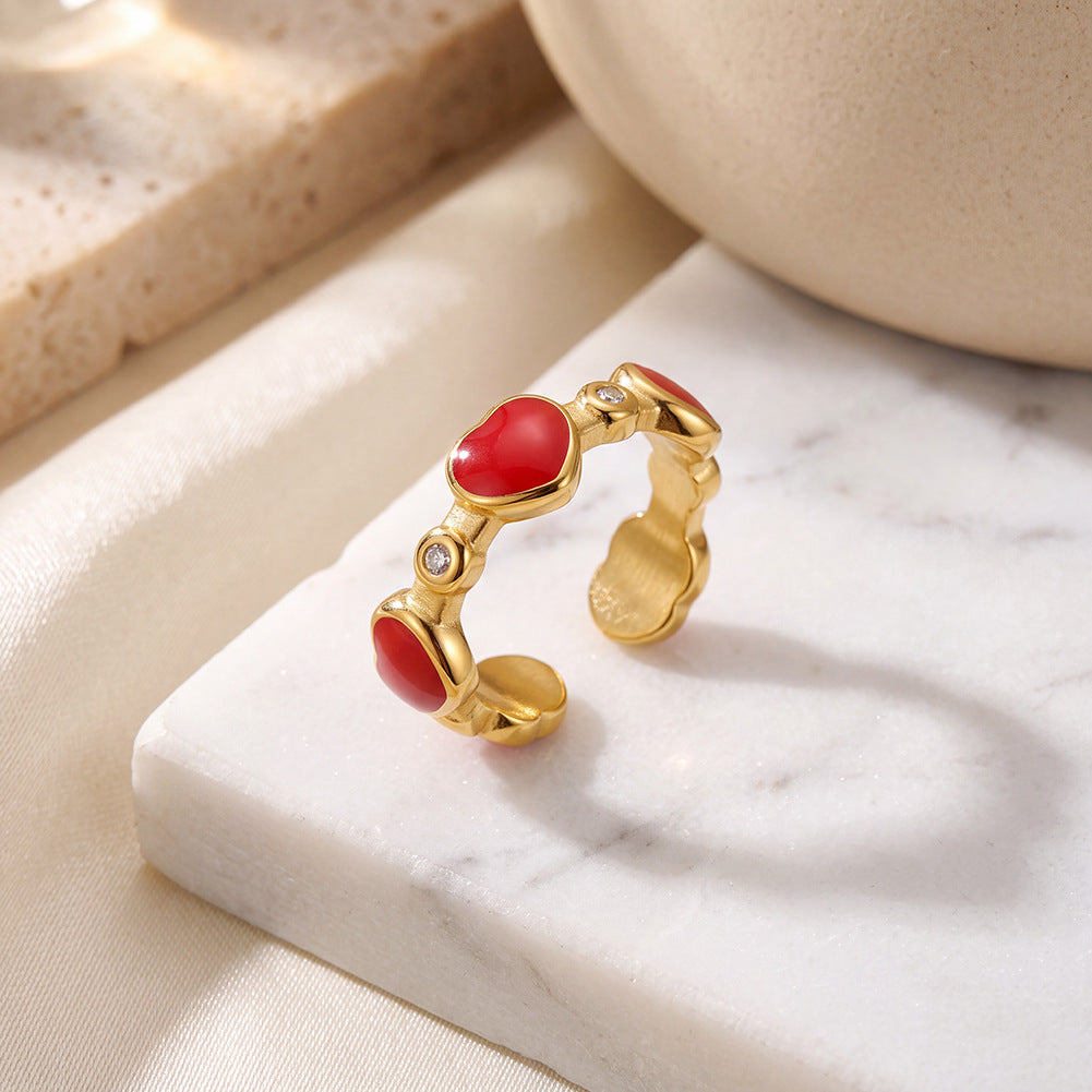 Stainless Steel Gold Plated Open Adjustable Ring with Red Enamel Hearts and Tiny CZ Stones
