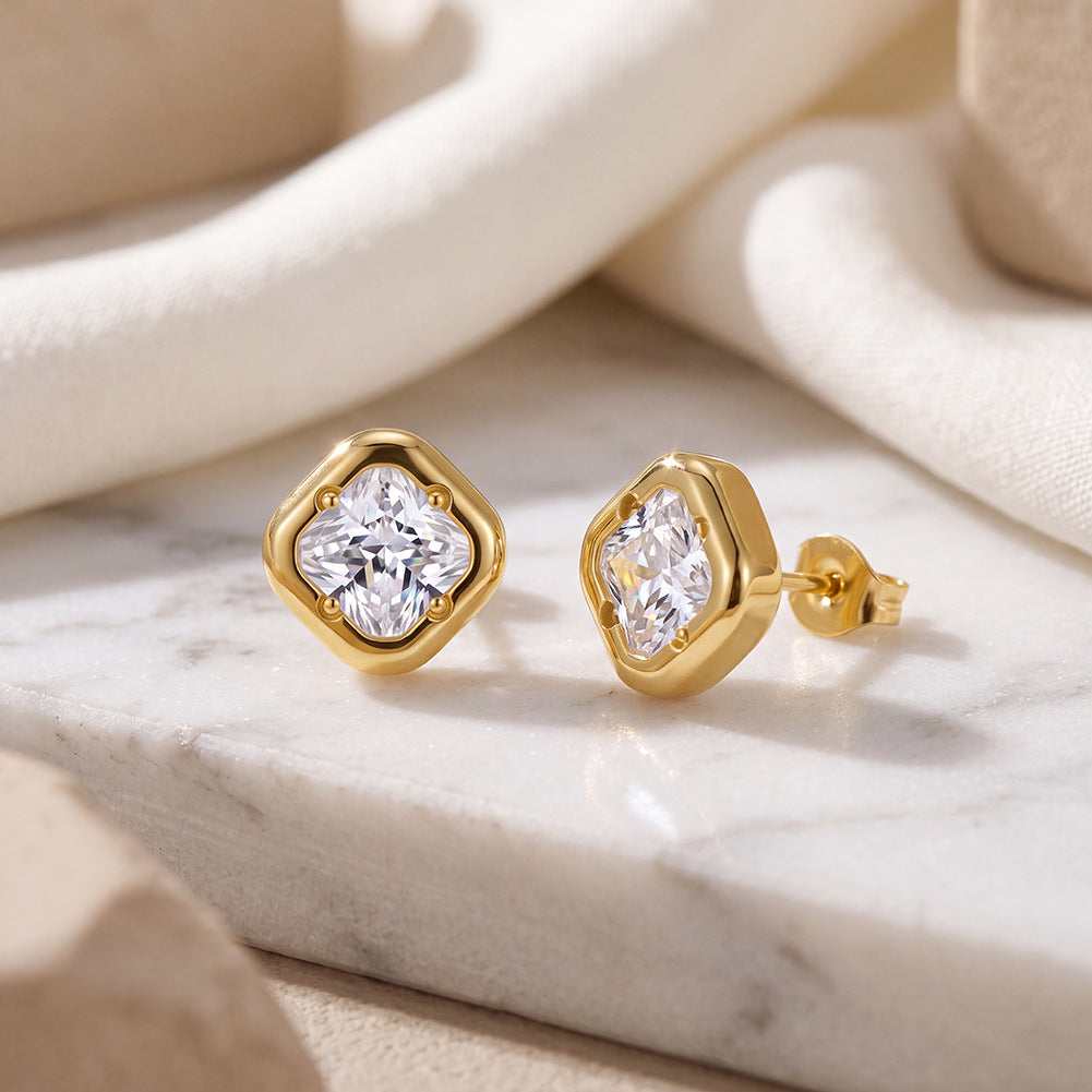 Stainless Steel Gold Plated Cushion Cut CZ Square Stud Earrings