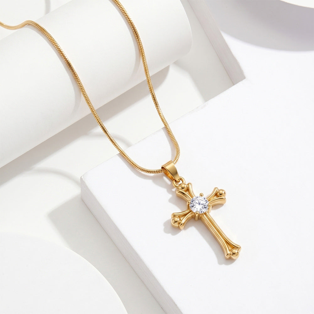 Stainless Steel Vintage CZ Cross Necklace, Retro Ornate Cross with Central Round Cubic Zirconia, Classic Thin Snake Chain
