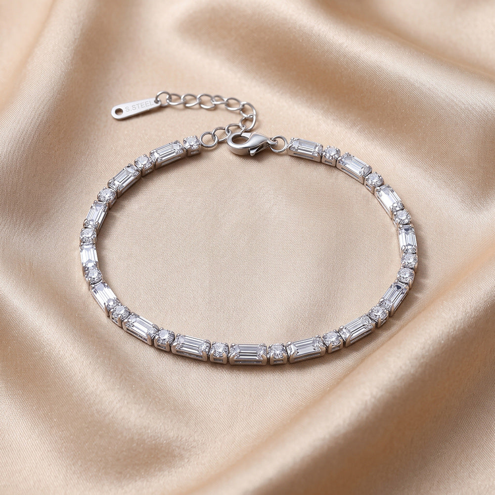 Stainless Steel Baguette and Round CZ Alternating Tennis Bracelet, Rectangular Clear Zirconia Link Bracelet