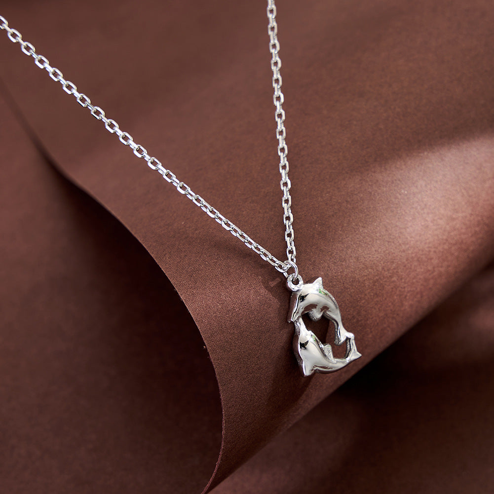 Stainless Steel Double Dolphin Pendant Necklace, Polished Intertwined Twin Dolphin Charm, Minimalist Ocean Animal Necklace