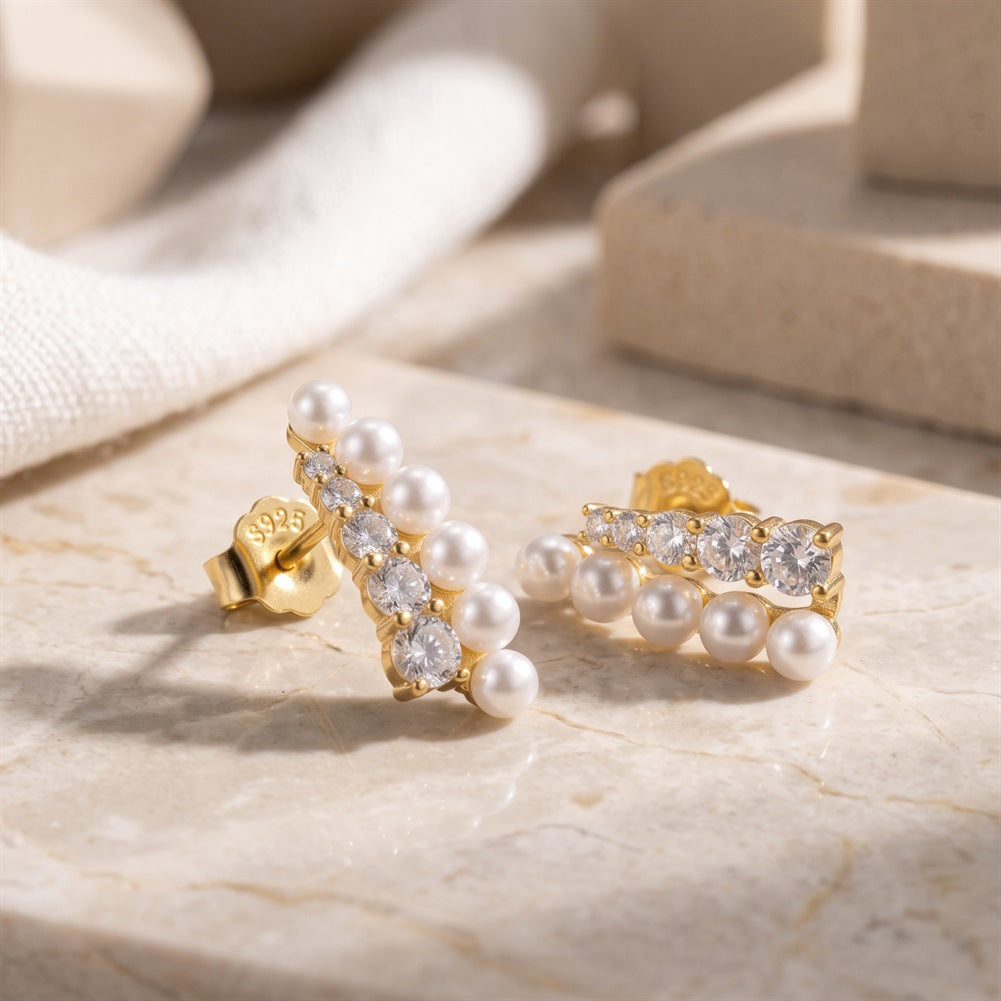S925 Sterling Silver Curved Cuff Stud Earrings, Lustrous Round Pearls with Soft Natural Luster Paired with Graduated Sparkling Cubic Zirconia