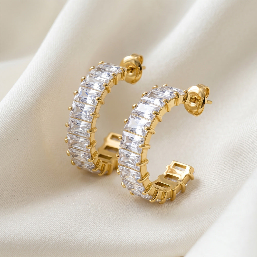 316 Stainless Steel C-shaped Half Hoop Stud Earrings, Full Paved Horizontal Baguette Cut Cubic Zirconia, Prong Setting, Secure Butterfly Backs, Glamour Sparkling Statement Earrings