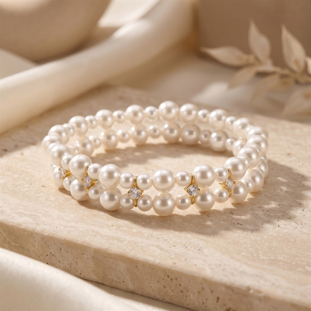 S925 Sterling Silver Triple Strand Grey Pearl Bracelet, Smooth Round Grey Pearls with Muted Metallic Lustre and Zircon Accents