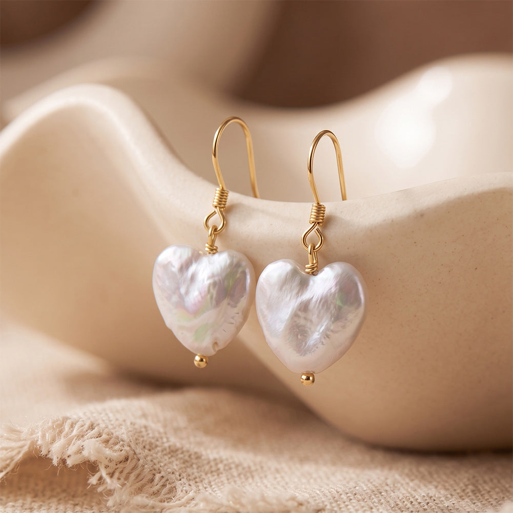 S925 Sterling Silver Fish Hook Heart Shaped Baroque Pearl Drop Earrings, Unique Heart Form Baroque Pearl with Gorgeous Rainbow Iridescent Orient Luster